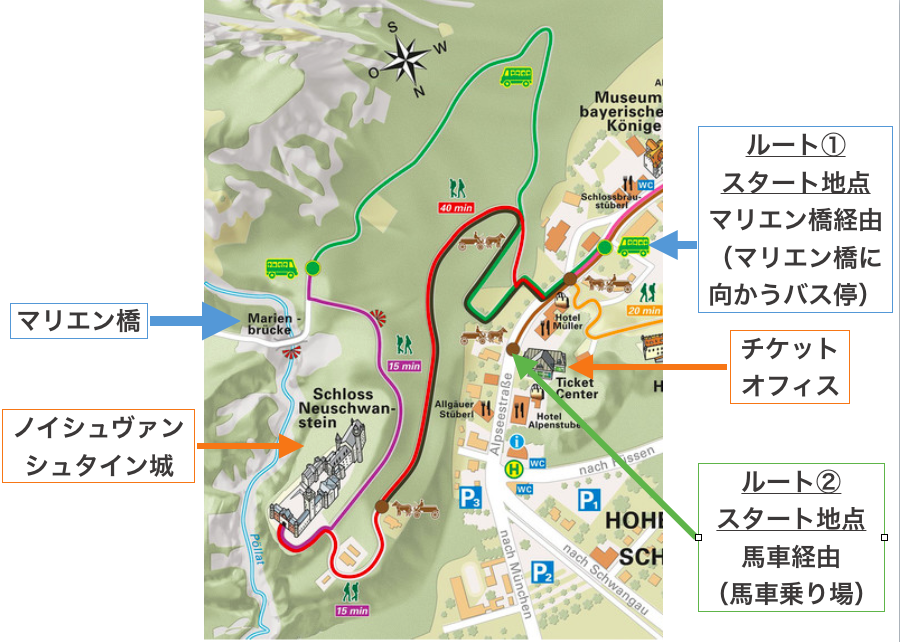 2つのルート説明:ノイシュヴァンシュタイン城付近の地図(出典:公式サイトの地図を著者が加工)